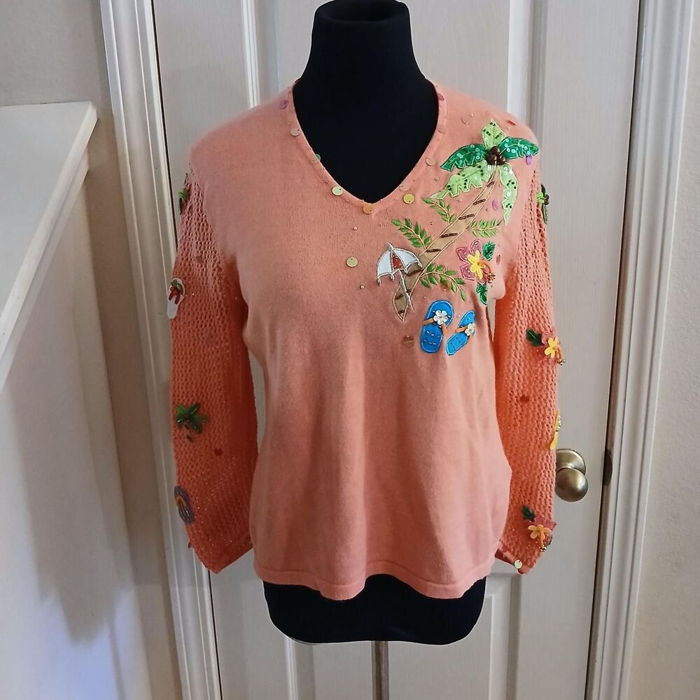 VTG 90s Jack B. Quick Embroidered Tropical Novelty Sweater M Coastal Dopamine